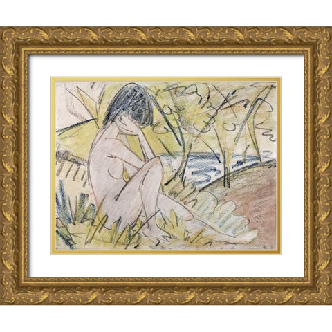 Sitting By The Lake Gold Ornate Wood Framed Art Print with Double Matting by Mueller, Otto