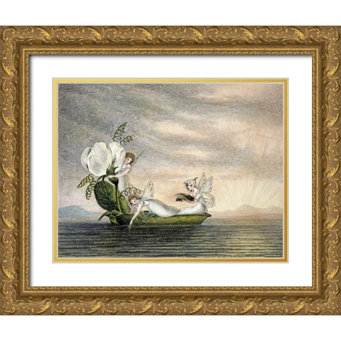 Fairies Floating Downstream In a Peapod Gold Ornate Wood Framed Art Print with Double Matting by Murray, Amelia Jane