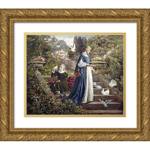 Feeding The Doves Gold Ornate Wood Framed Art Print with Double Matting by Muschamp, F. Sydney