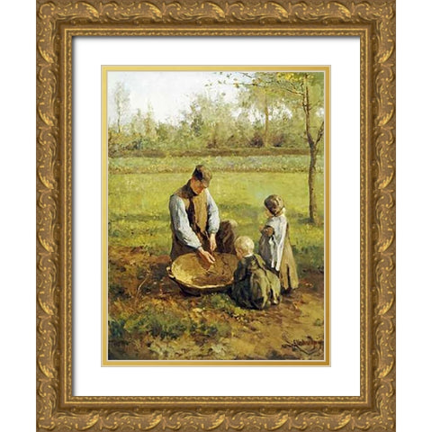 Watching Father Work Gold Ornate Wood Framed Art Print with Double Matting by Neuhuijs, Albert
