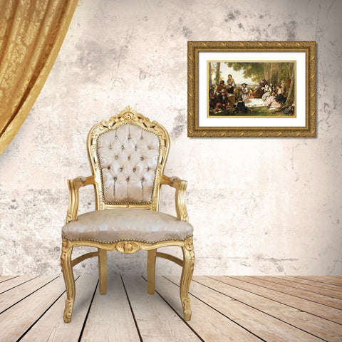 A Picnic Gold Ornate Wood Framed Art Print with Double Matting by ONeil, Henry Nelson