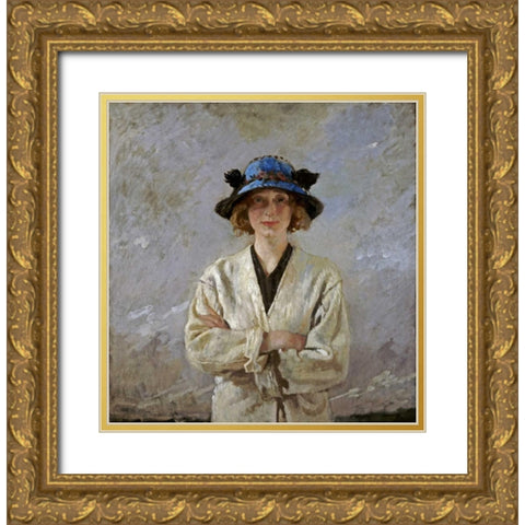 Girl In a Blue Hat Gold Ornate Wood Framed Art Print with Double Matting by Orpen, Sir William
