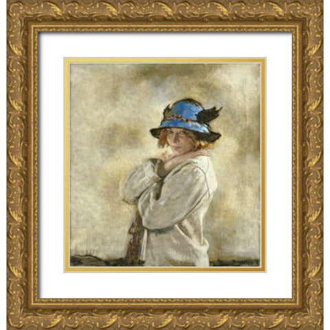 The Blue Hat Gold Ornate Wood Framed Art Print with Double Matting by Orpen, Sir William