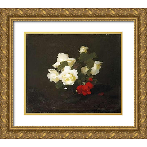 Yellow and Red Roses Gold Ornate Wood Framed Art Print with Double Matting by Park, James Stuart