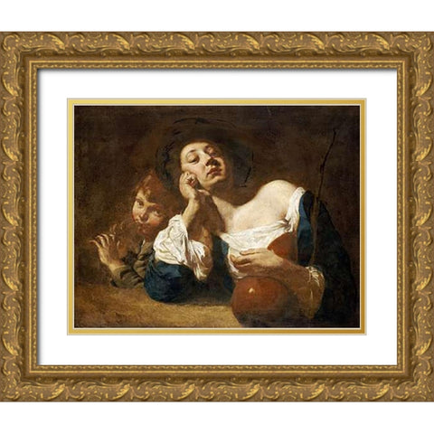A Shepherdess With a Gourd Gold Ornate Wood Framed Art Print with Double Matting by Piazzetta, Giovanni Battista