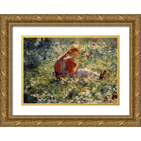 A Young Girl In a Flower Garden Gold Ornate Wood Framed Art Print with Double Matting by Pieters, Evert