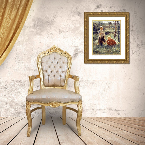 Children In a Field Gold Ornate Wood Framed Art Print with Double Matting by Pieters, Evert