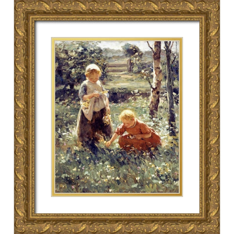 Children In a Field Gold Ornate Wood Framed Art Print with Double Matting by Pieters, Evert