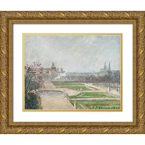 The Tuileries Gardens and The Louvre Gold Ornate Wood Framed Art Print with Double Matting by Pissarro, Camille