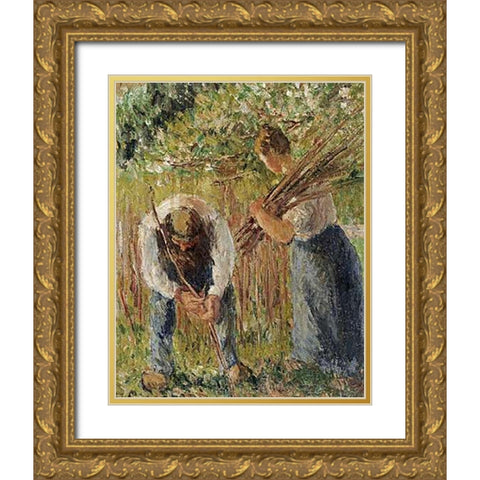 Farm Labourers Planting Stakes Gold Ornate Wood Framed Art Print with Double Matting by Pissarro, Camille