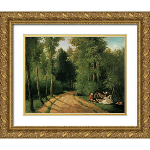 A Picnic at Montmorency Gold Ornate Wood Framed Art Print with Double Matting by Pissarro, Camille