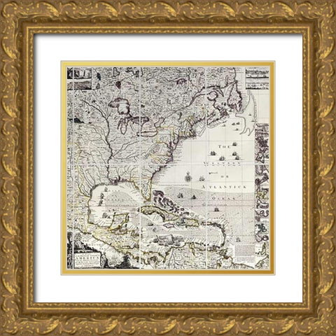 A Map of The British Empire In America Gold Ornate Wood Framed Art Print with Double Matting by Popple, Henry