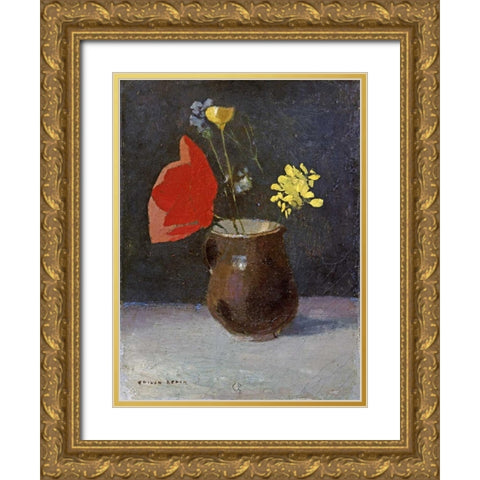 A Pitcher of Flowers Gold Ornate Wood Framed Art Print with Double Matting by Redon, Odilion