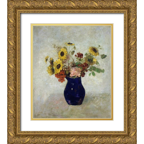 Vase De Fleurs Gold Ornate Wood Framed Art Print with Double Matting by Redon, Odilion