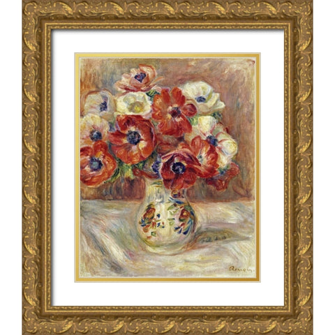 Still Life With Anemones Gold Ornate Wood Framed Art Print with Double Matting by Renoir, Pierre-Auguste