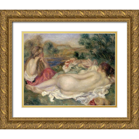 Two Bathers Gold Ornate Wood Framed Art Print with Double Matting by Renoir, Pierre-Auguste