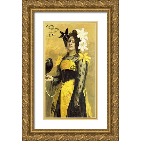 Portrait of a Lady In a Yellow and Black Gown Gold Ornate Wood Framed Art Print with Double Matting by Repin, Ilia Efimovich
