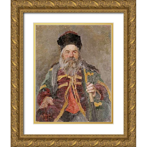 Portrait of a Cossack Nobleman Gold Ornate Wood Framed Art Print with Double Matting by Repin, Ilia Efimovich