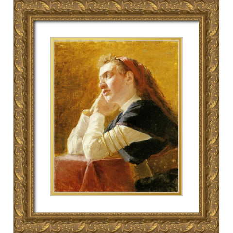 Portrait of a Young Woman Gold Ornate Wood Framed Art Print with Double Matting by Repin, Elia Efimovich