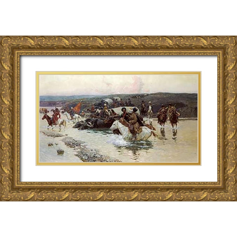 Tcherkess Convoy Crossing a River Gold Ornate Wood Framed Art Print with Double Matting by Roubaud, Franz Alekseevitch