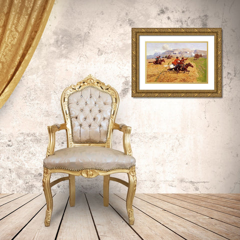 Cossacks Charging Into Battle Gold Ornate Wood Framed Art Print with Double Matting by Roubaud, Franz Alekseevitch
