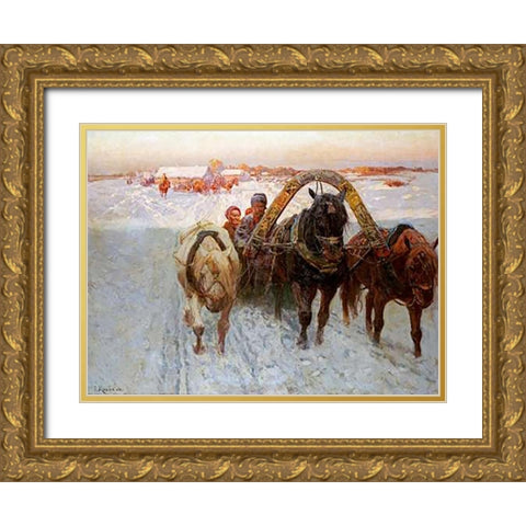 The Sleigh Gold Ornate Wood Framed Art Print with Double Matting by Roubaud, Franz Alekseevitch