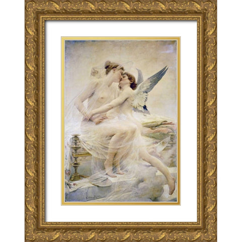 Cupid and Psyche Gold Ornate Wood Framed Art Print with Double Matting by Royer, Lionel Noel