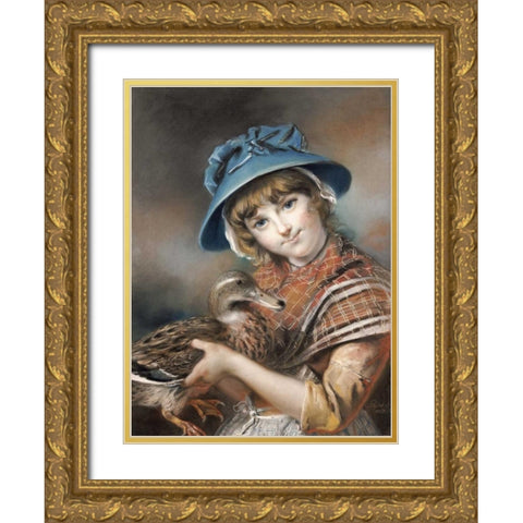 A Market Girl Holding a Mallard Duck Gold Ornate Wood Framed Art Print with Double Matting by Russell, John