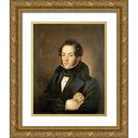 The Poet Aleksandr Sergeevich Pushkin Gold Ornate Wood Framed Art Print with Double Matting by Russian School