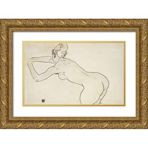 Female Nude Kneeling Gold Ornate Wood Framed Art Print with Double Matting by Schiele, Egon