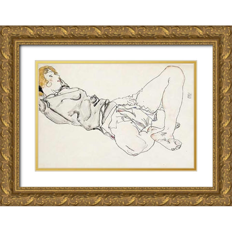 Reclining Woman With Blond Hair Gold Ornate Wood Framed Art Print with Double Matting by Schiele, Egon