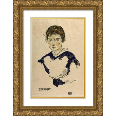Portrait Fraulein Toni Rieger Gold Ornate Wood Framed Art Print with Double Matting by Schiele, Egon