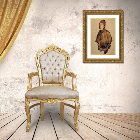 Woman With Bonnet Gold Ornate Wood Framed Art Print with Double Matting by Schiele, Egon