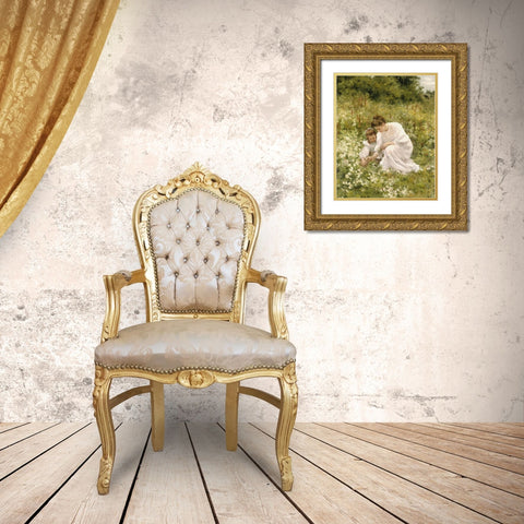 Picking Daisies Gold Ornate Wood Framed Art Print with Double Matting by Seeger, Hermann