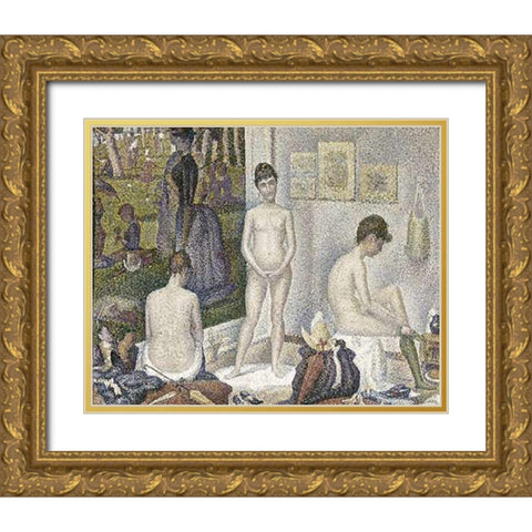 Sur La Grande Jatte, Umbrella Gold Ornate Wood Framed Art Print with Double Matting by Seurat, Georges