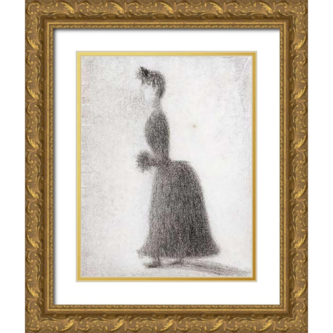 La Promeneuse Au Manchon Gold Ornate Wood Framed Art Print with Double Matting by Seurat, Georges