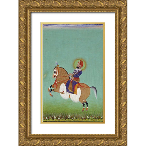 Equestrian Portrait of Maharana Sarup Singh Gold Ornate Wood Framed Art Print with Double Matting by Shiva