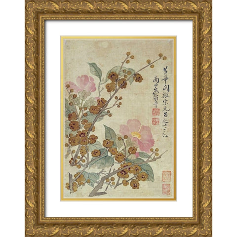 Plum Blossom and Camellias Gold Ornate Wood Framed Art Print with Double Matting by Shouping, Yun