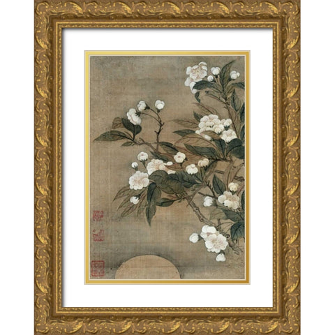 Pear Blossom and Moon Gold Ornate Wood Framed Art Print with Double Matting by Shouping, Yun