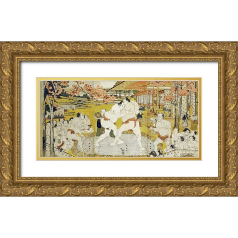 A Triptych of a Wrestling Bout Gold Ornate Wood Framed Art Print with Double Matting by Shunei, Katsukawa