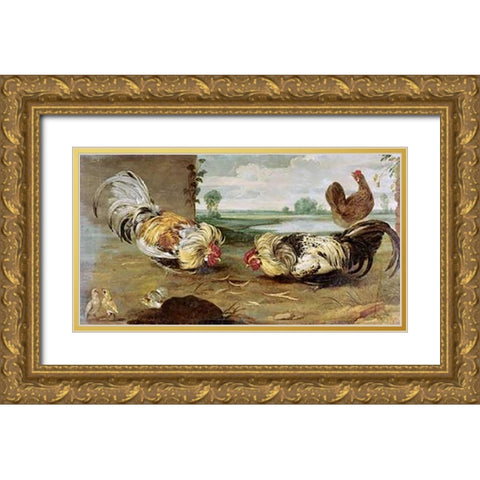 A Cock Fight Gold Ornate Wood Framed Art Print with Double Matting by Snyders, Frans