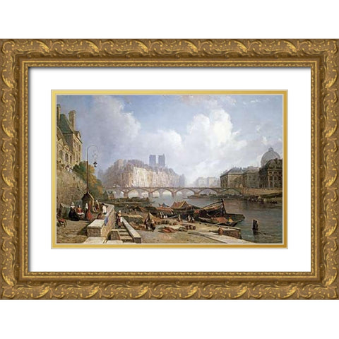 A View of Ile De La Cite, Paris Gold Ornate Wood Framed Art Print with Double Matting by Stanley, Colet Robert
