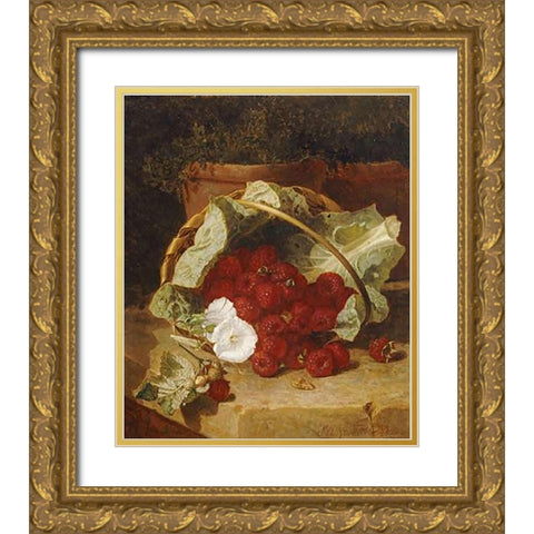Raspberries Gold Ornate Wood Framed Art Print with Double Matting by Stannard, Eloise Harriet