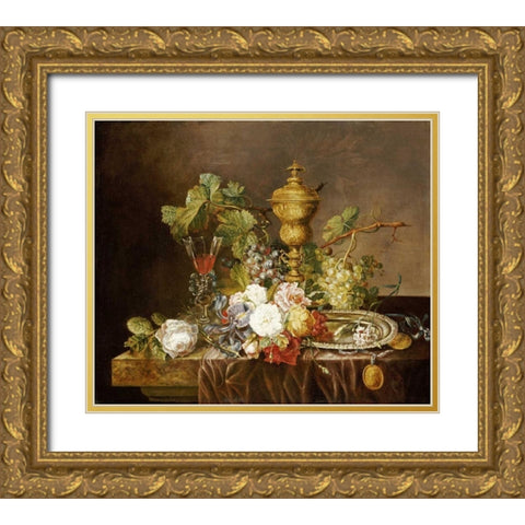 A Still Life With Roses Gold Ornate Wood Framed Art Print with Double Matting by Stannard, Emily