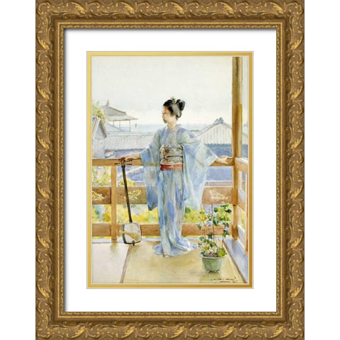 Geisha Standing On a Balcony Gold Ornate Wood Framed Art Print with Double Matting by Stern, Anton Alois