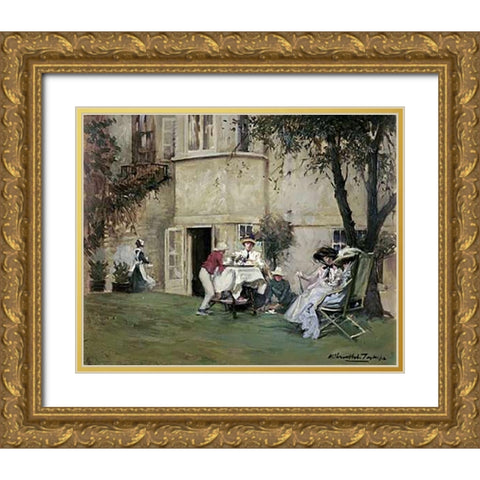 Tea In The Garden Gold Ornate Wood Framed Art Print with Double Matting by Tayler, Albert Chevallier