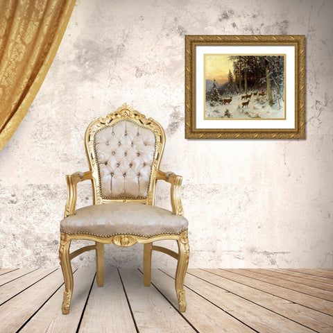 Deer In Winter Wooded Landscape Gold Ornate Wood Framed Art Print with Double Matting by Thiele, Arthur Julius