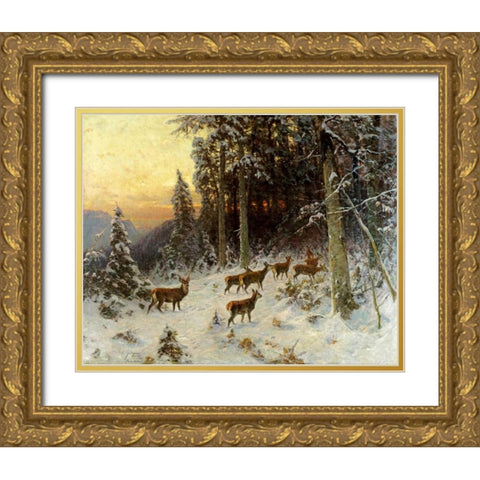 Deer In Winter Wooded Landscape Gold Ornate Wood Framed Art Print with Double Matting by Thiele, Arthur Julius