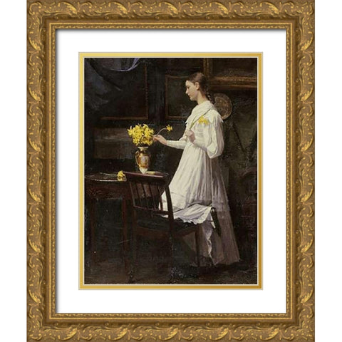 Arranging Daffodils Gold Ornate Wood Framed Art Print with Double Matting by Thomsen, Carl