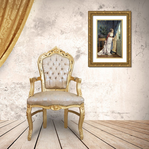 Awaiting The Visitor Gold Ornate Wood Framed Art Print with Double Matting by Toulmouche, Auguste
